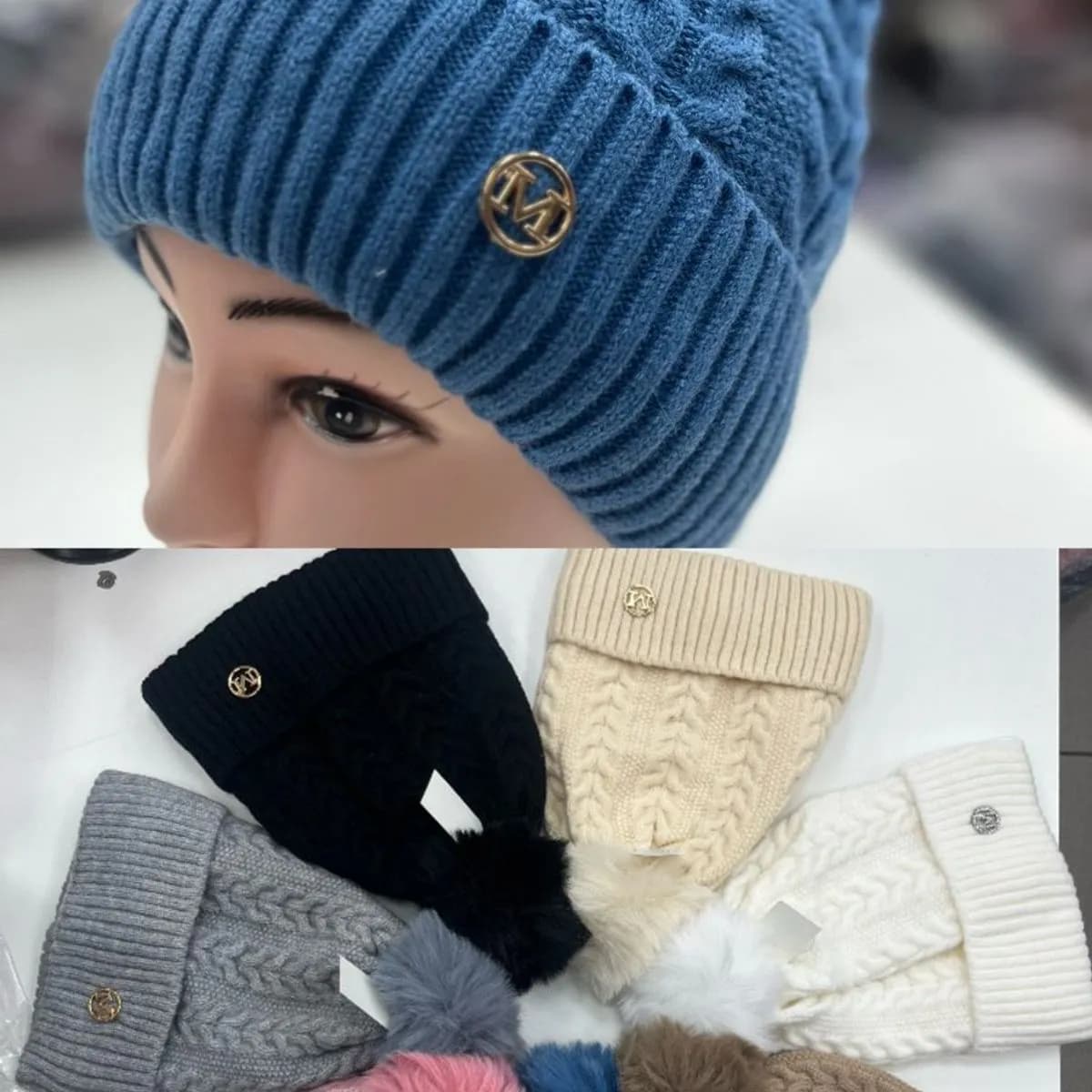 Czapki damskie beanie dzianina warkoczowa z pomponem