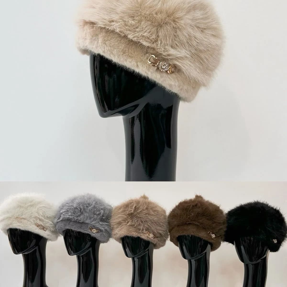 Czapka Zimowa Damska Futerko z Broszką Mix Kolorów