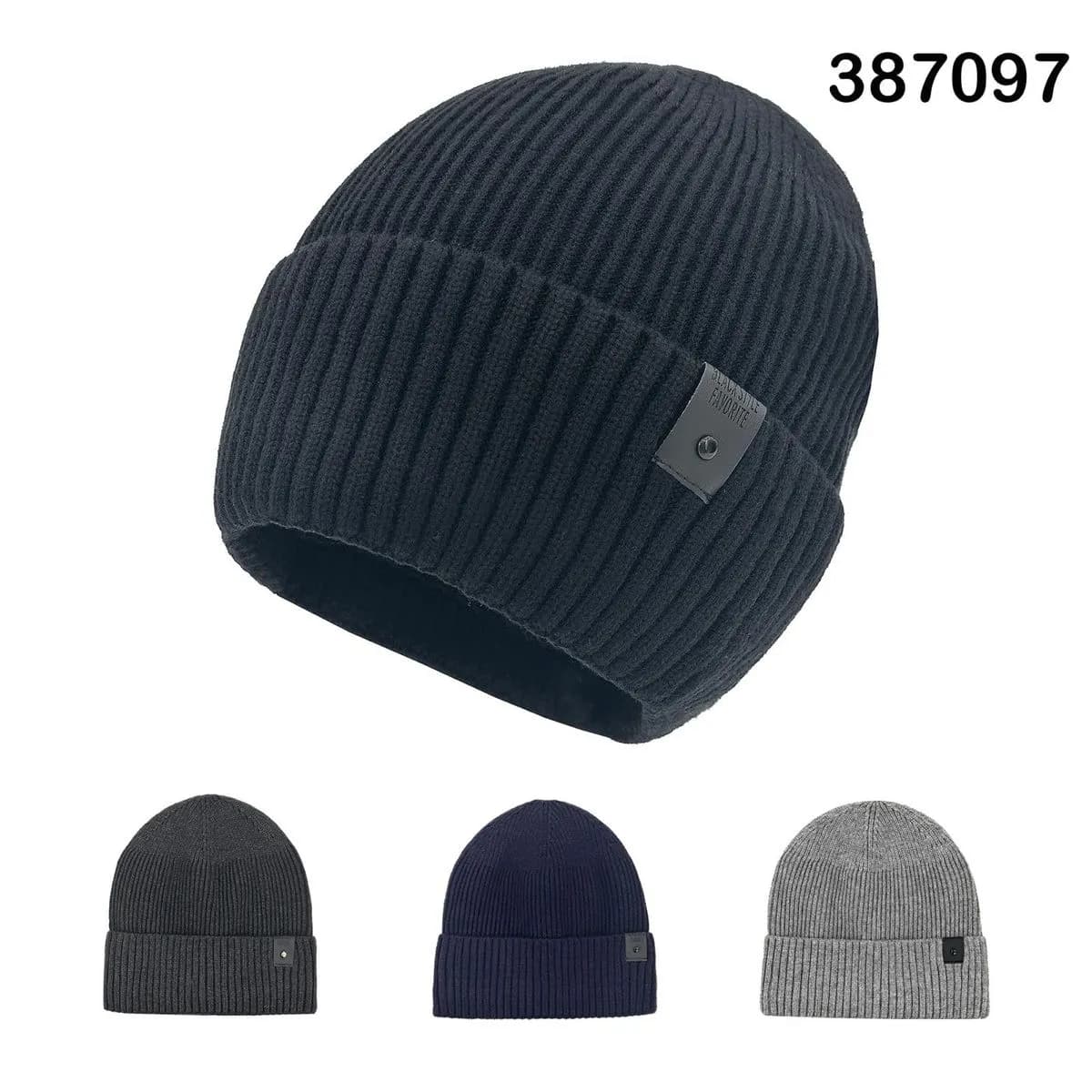 Czapka Zimowa Męska Prążkowana z Naszywką Mix Kolorów 12szt