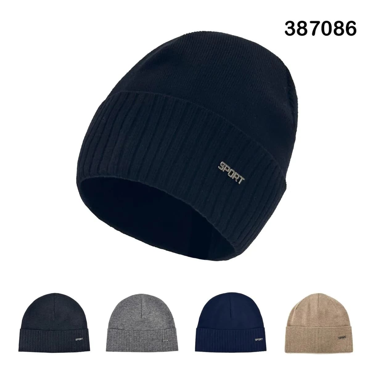 Czapka Zimowa Męska z Naszywką SPORT Mix Kolorów 12szt