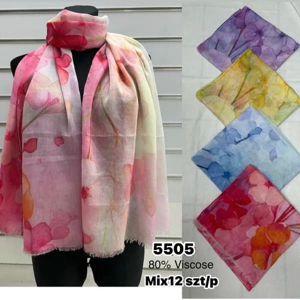 Szaliki damskie 80% wiskoza kwiatowy wzór mix 12 szt