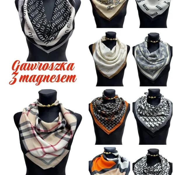 Szaliki damskie wzorzyste, repliki mody, 12 szt/opak.