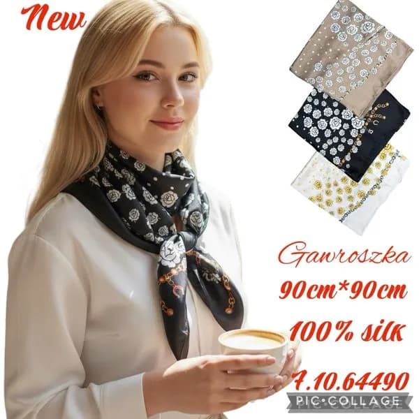 Gawroszka damska 90x90cm 100% jedwab kwiatowy wzór