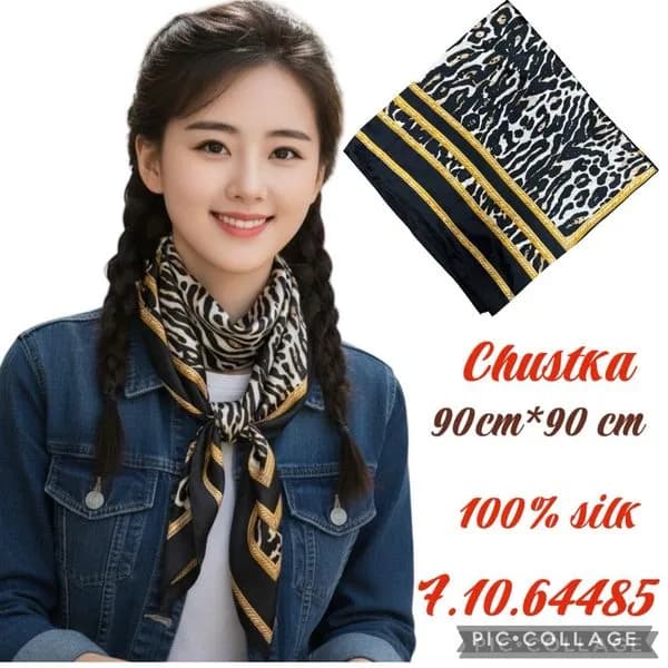 Chustka damska jedwabna 90x90 cm wzór leopard czarny-złoty
