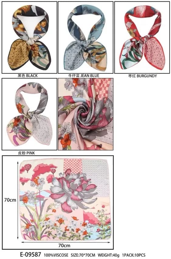 Szaliki damskie jedwabne wzorzyste 70x70cm 10 szt/opak
