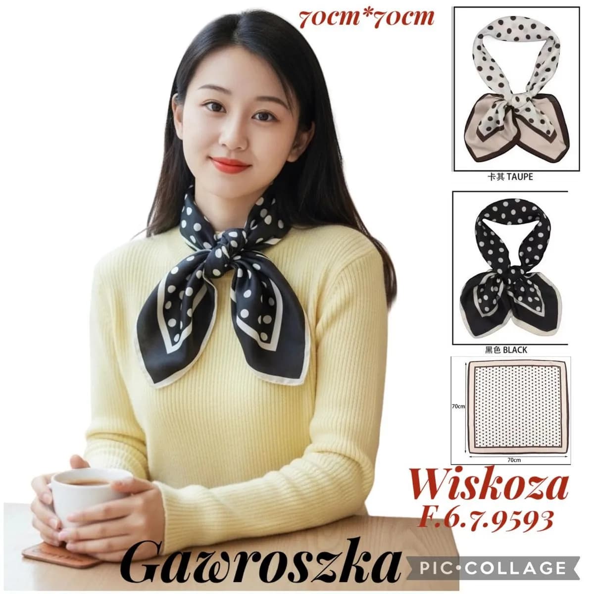 Szaliki damskie wiskozowe 70x70cm czarno-białe kropki