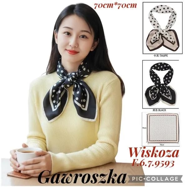 Szaliki damskie wiskozowe 70x70cm czarno-białe kropki