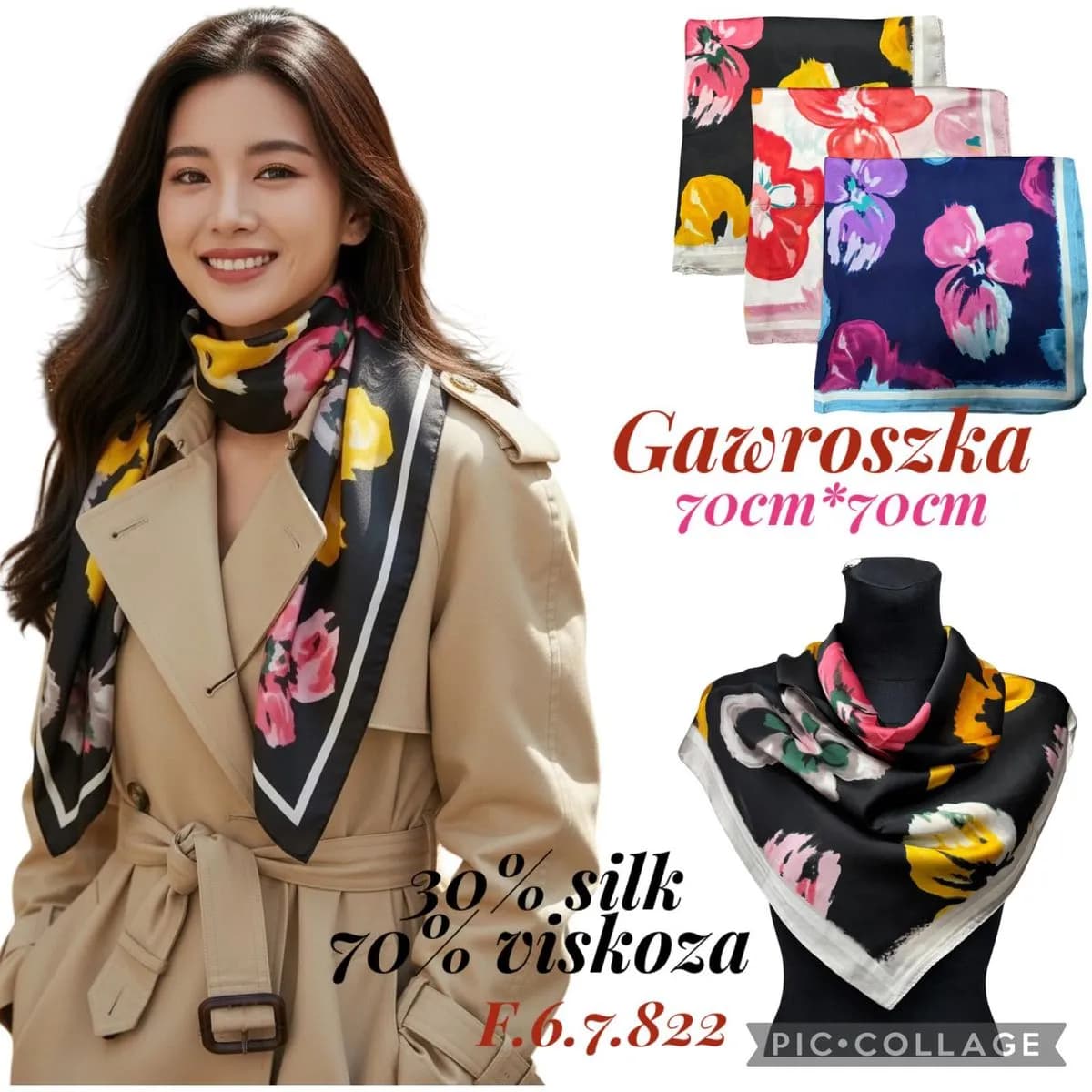 Chusty damskie kwieciste 70cm x 70cm 30% silk