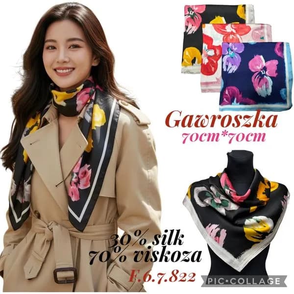 Chusty damskie kwieciste 70cm x 70cm 30% silk