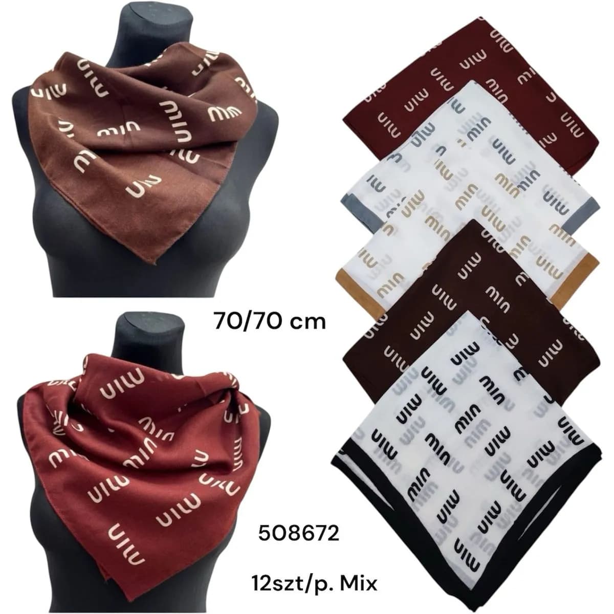 Szaliki damskie 70/70 cm 12 szt/pak. Mix kolorów