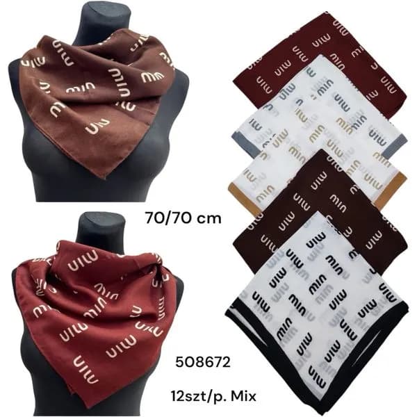 Szaliki damskie 70/70 cm 12 szt/pak. Mix kolorów