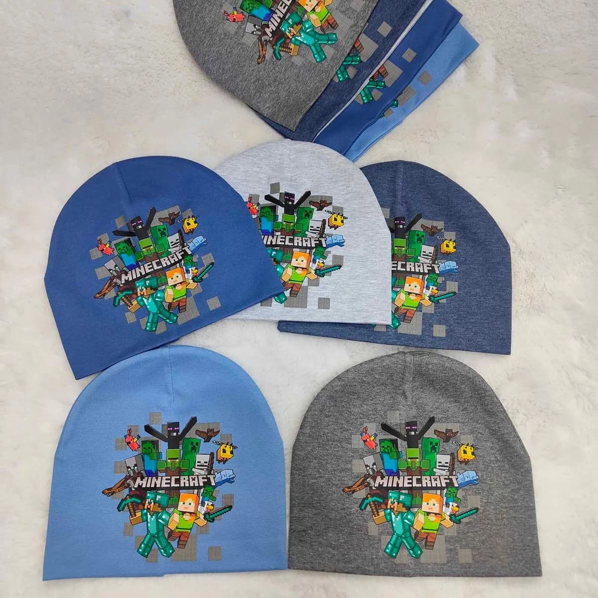 Czapki dziecięce Minecraft szare i niebieskie