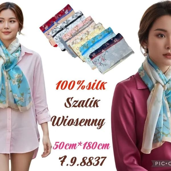 Chusta Damska Wiosenna 100% Jedwab 50x180cm