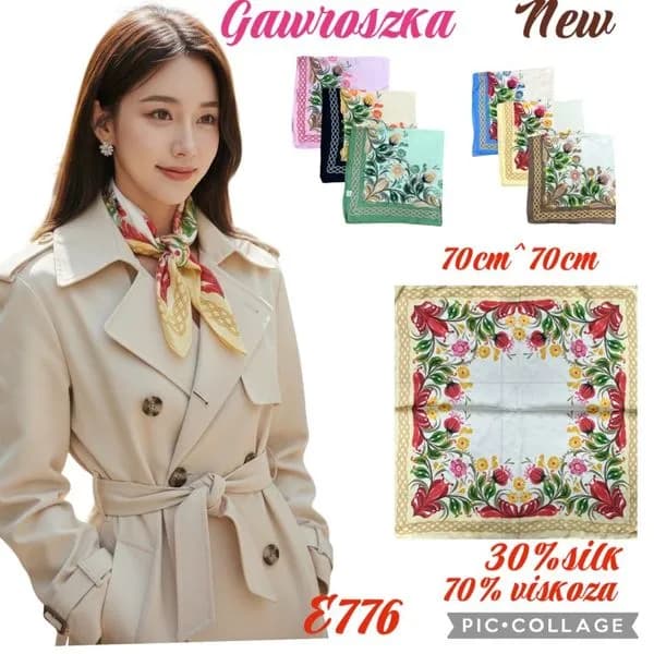 Gawroskaska kwadratowa chusta damska 70x70cm 30% jedwab 70% wiskoza