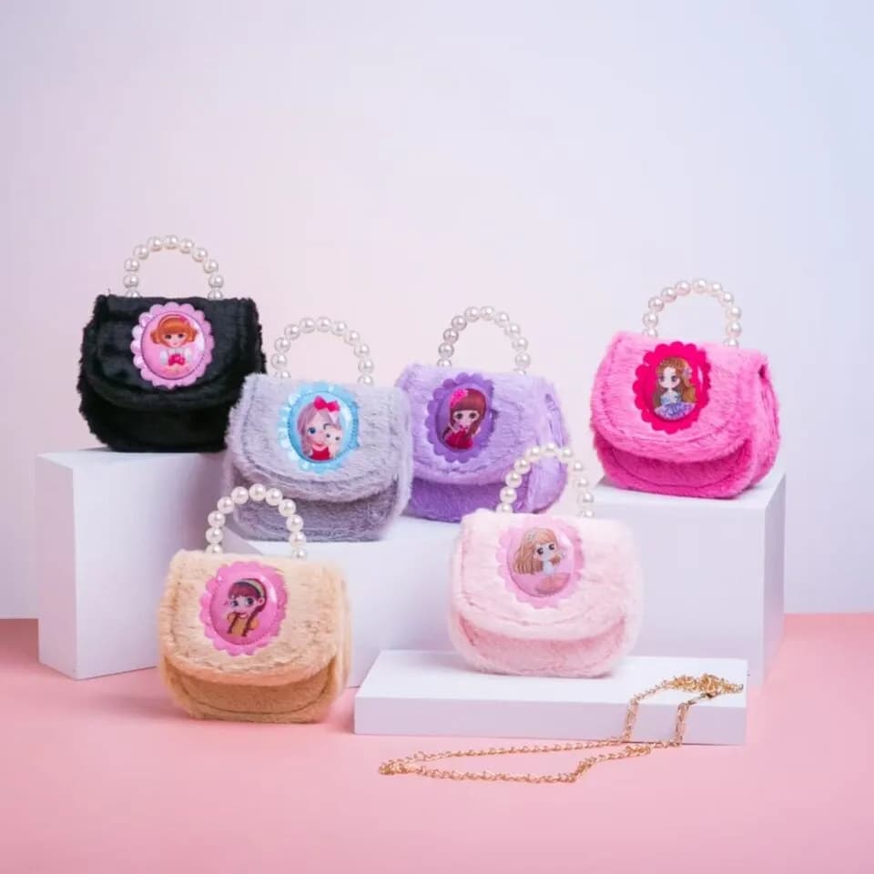 Torebka dla Dzieci Pluszowa z Perłową Rączką i Łańcuszkiem Mix