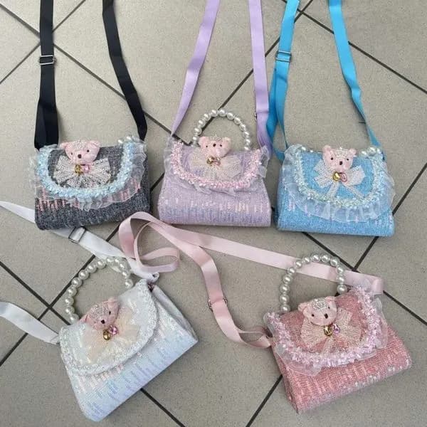 Torebka dla Dzieci z Perłową Rączką i Misiem, Tweedowa