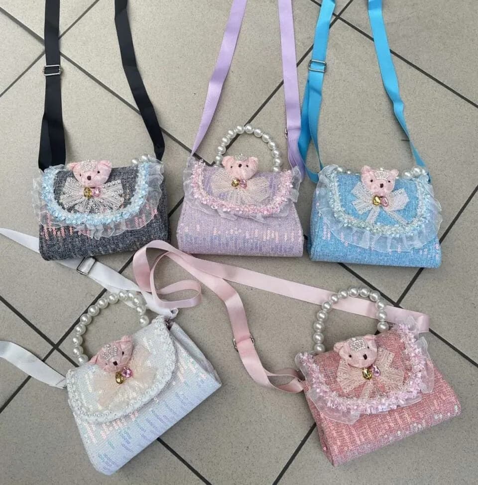 Torebka dla Dzieci z Perłową Rączką i Misiem, Tweedowa