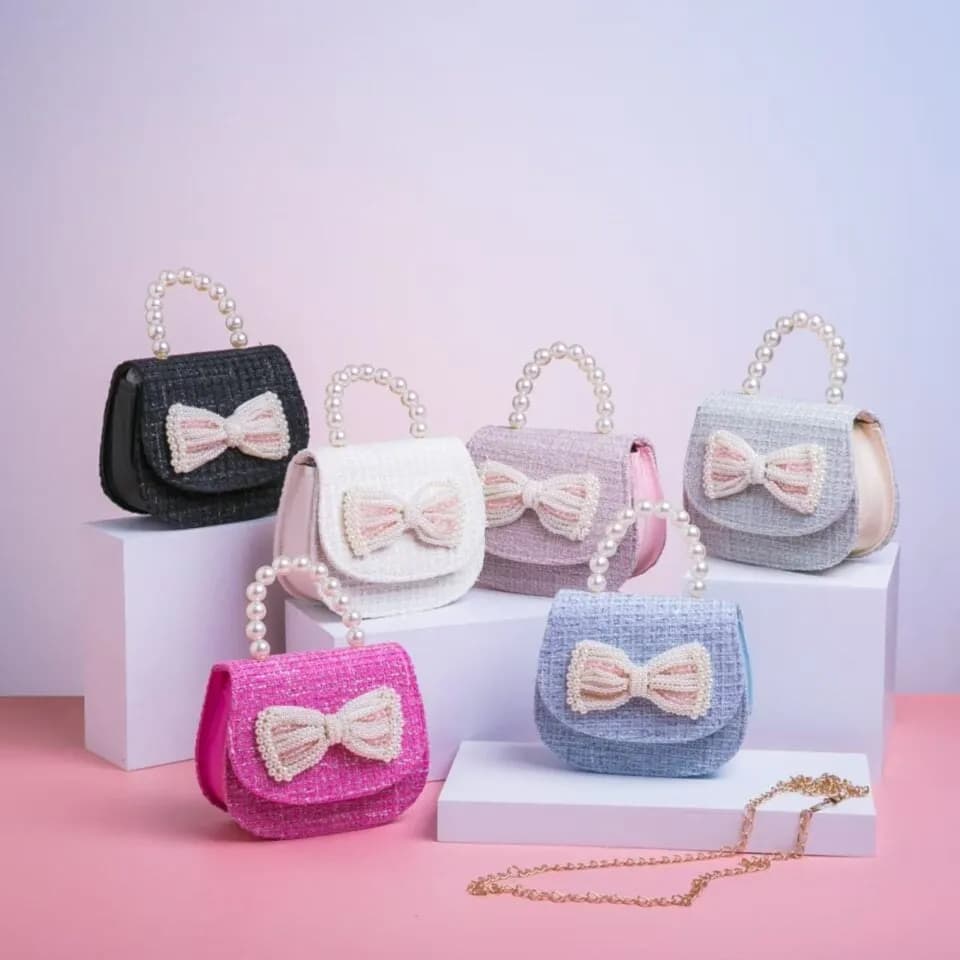 Torebka dla Dzieci Tweedowa z Perłami i Kokardą Mix Kolorów