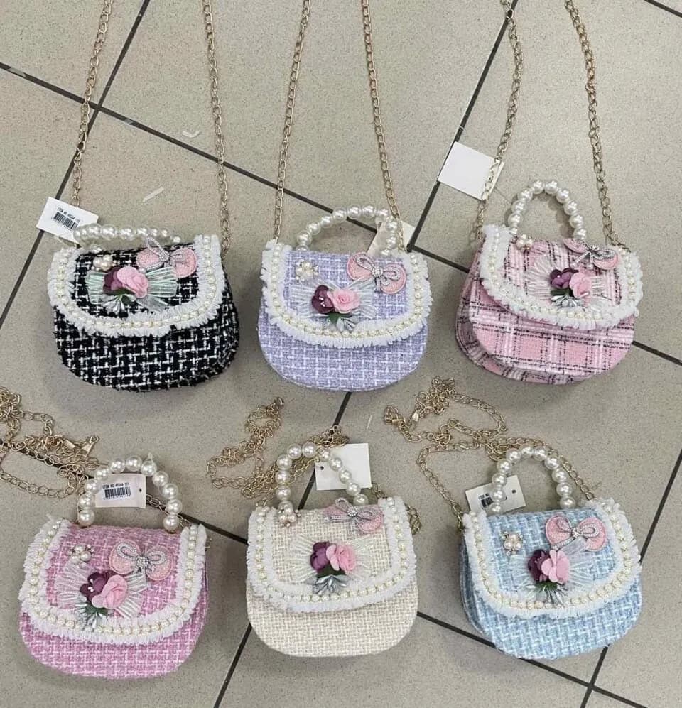 Torebka dla dzieci tweedowa z perłami i kwiatami, mix kolorów