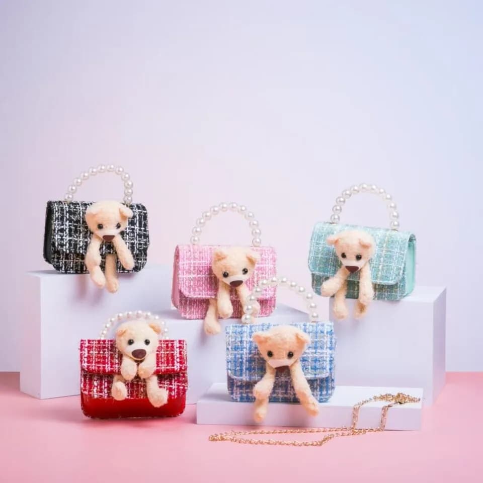 Torebka dla dzieci tweedowa z misiem i perłową rączką, mix kolorów