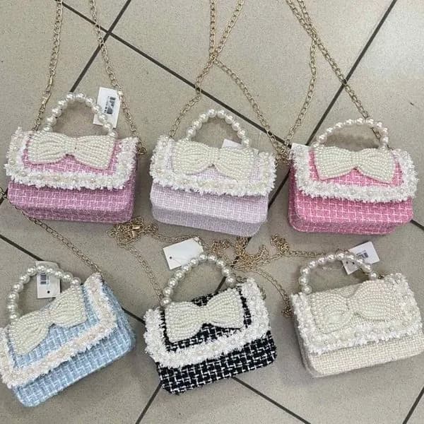 Torebka dla Dzieci Tweedowa z Perłową Kokardą i Łańcuszkiem