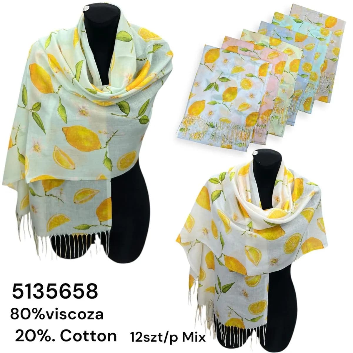 Szaliki damskie z motywem cytryn 80% wiskoza 12 szt/pak