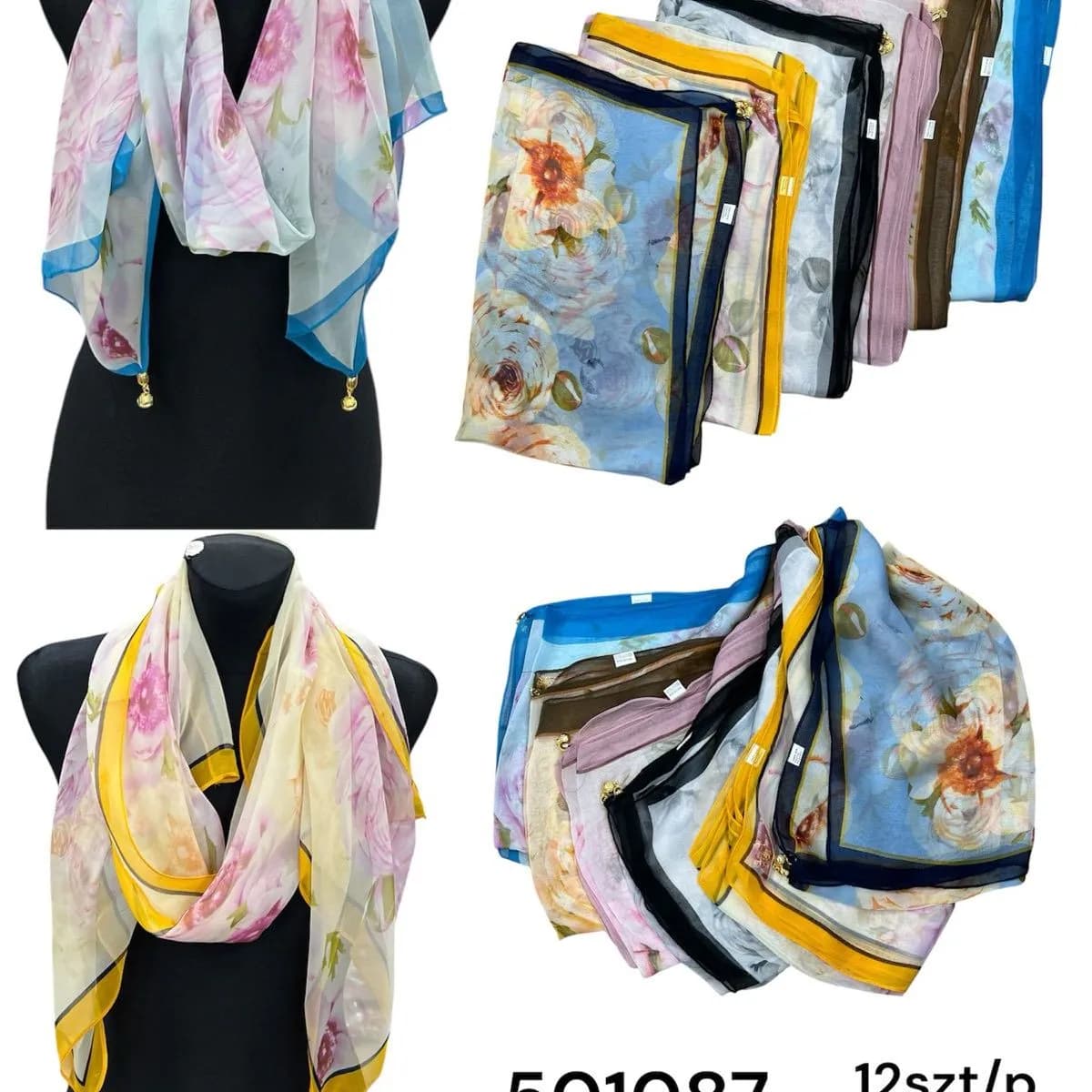 Szaliki damskie jedwabne 100% silk mix kolorów 12 szt