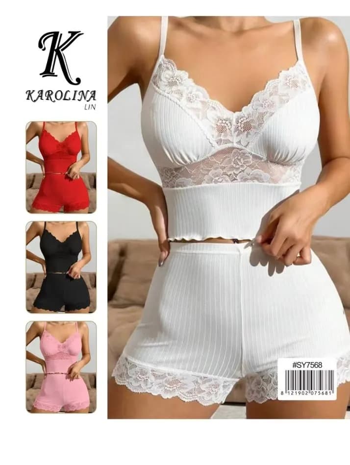 Piżama damska Karolina Lin, komplet prążkowany z koronką, 12 szt.