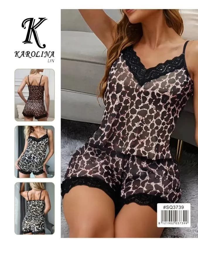 Piżama damska Karolina Lin, komplet z koronką, wzór panterka
