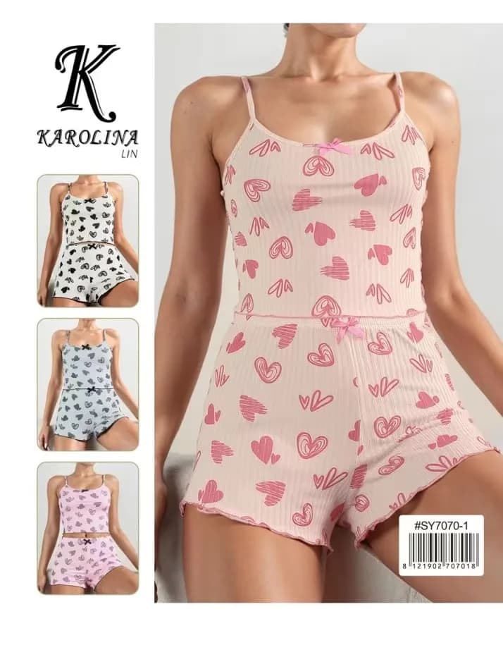 Piżama damska Karolina Lin prążkowana w serca, komplet 2-częściowy