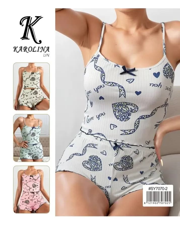 Piżama damska Karolina Lin, komplet szorty i top prążkowany, mix