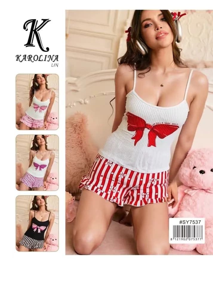 Piżama damska Karolina Lin, komplet top i szorty, prążkowana