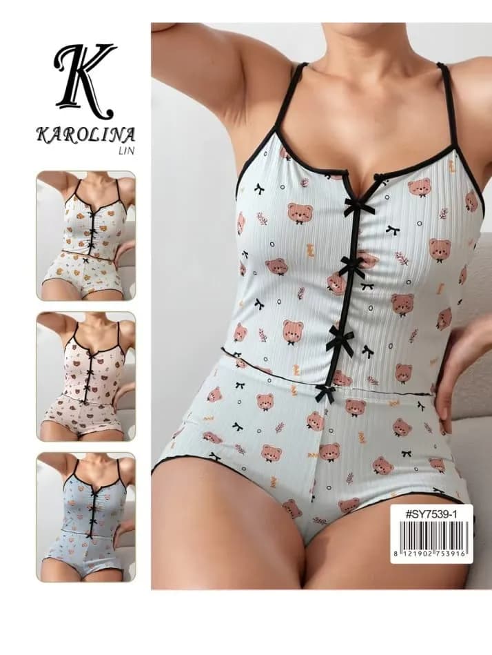 Piżama damska Karolina Lin prążkowana w misie, komplet 12 szt