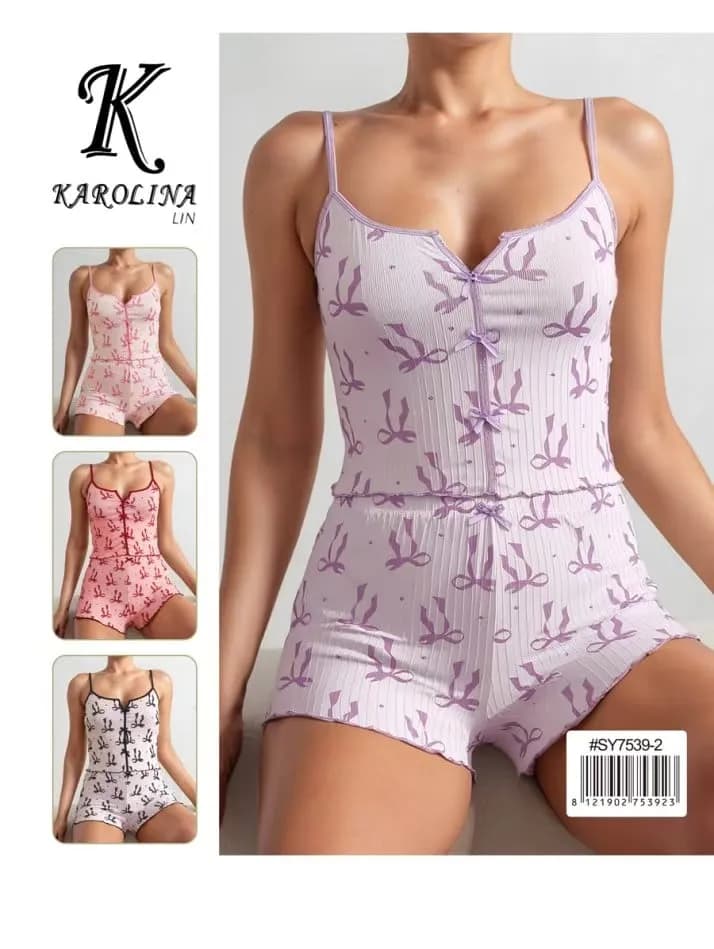 Piżama damska Karolina Lin, komplet prążkowany w kokardki, 12 szt.