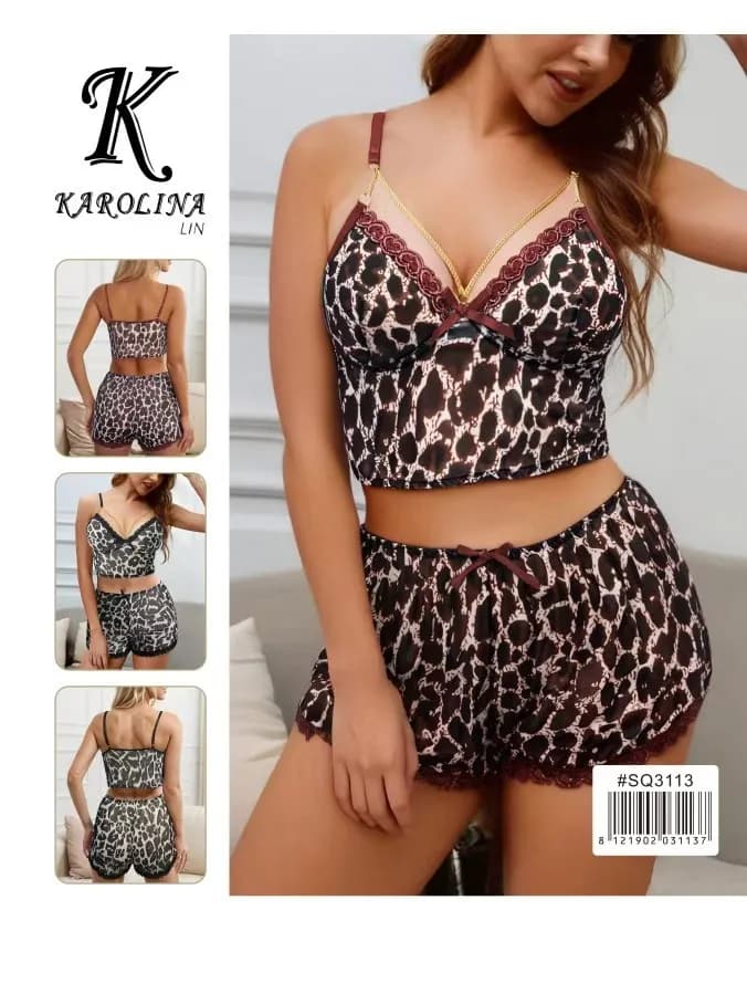 Piżama damska Karolina Lin, komplet 2-częściowy, wzór panterka