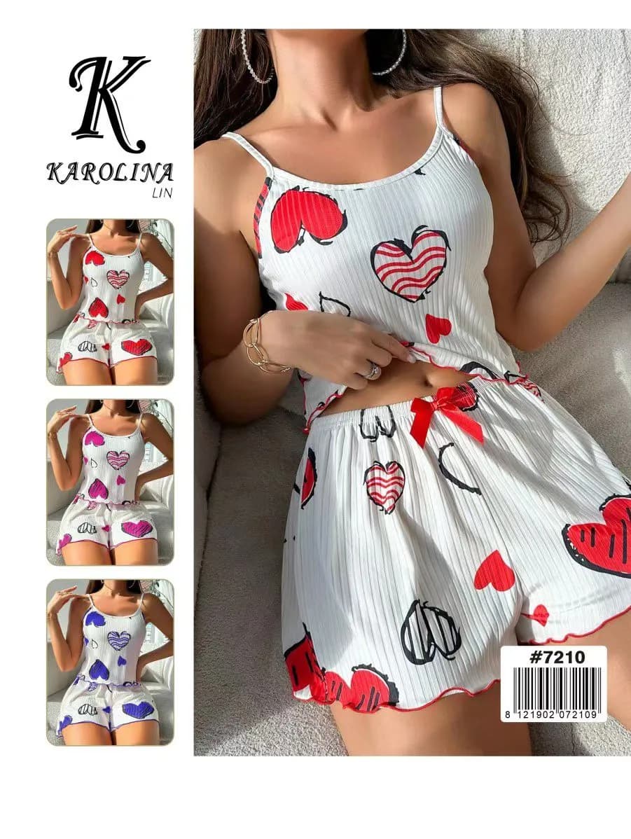 Piżama damska Karolina Lin prążkowana w serca, komplet 2-częściowy