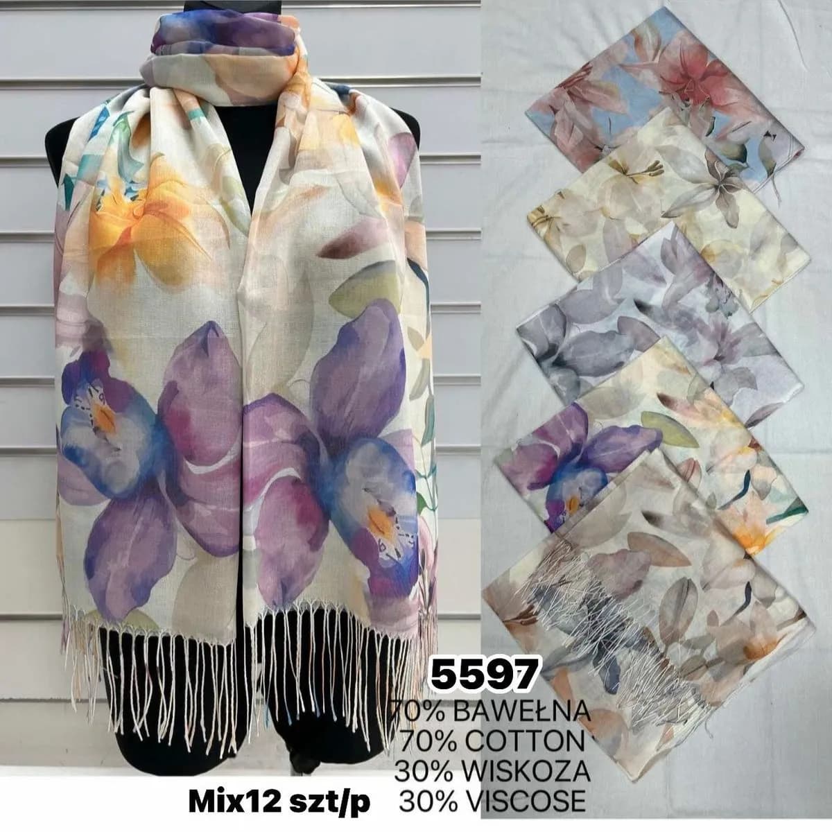 Szaliki damskie mix kwiatowy 70% wełna 30% wiskoza