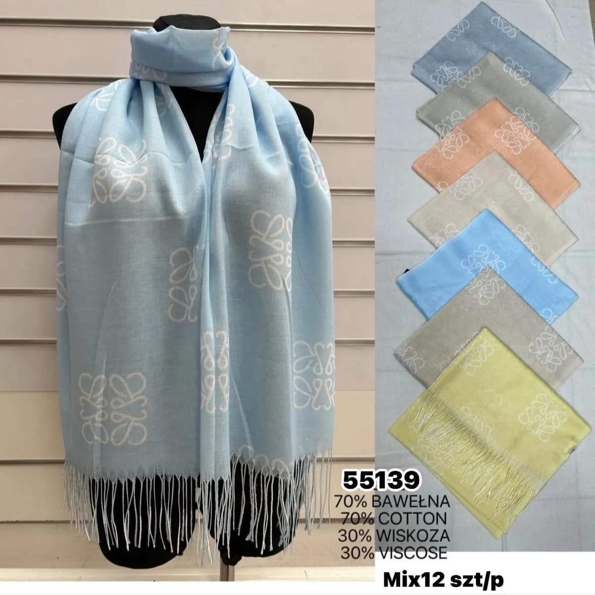 Szaliki damskie bawełniane z wiskozą, mix 12 szt