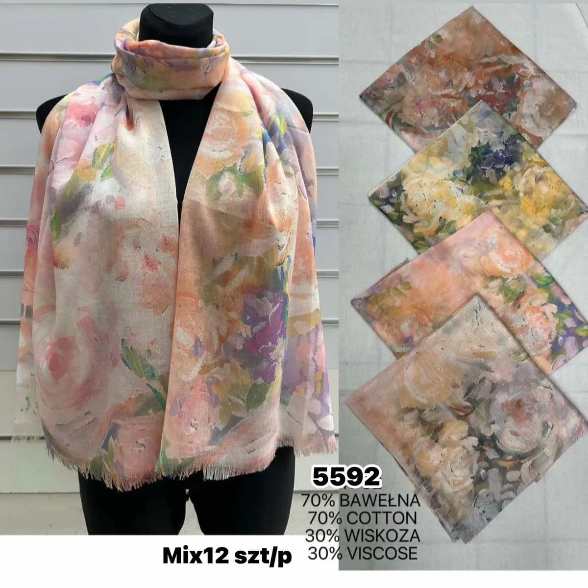 Szaliki damskie kwiatowe 70% bawełna 30% wiskoza mix 12 szt