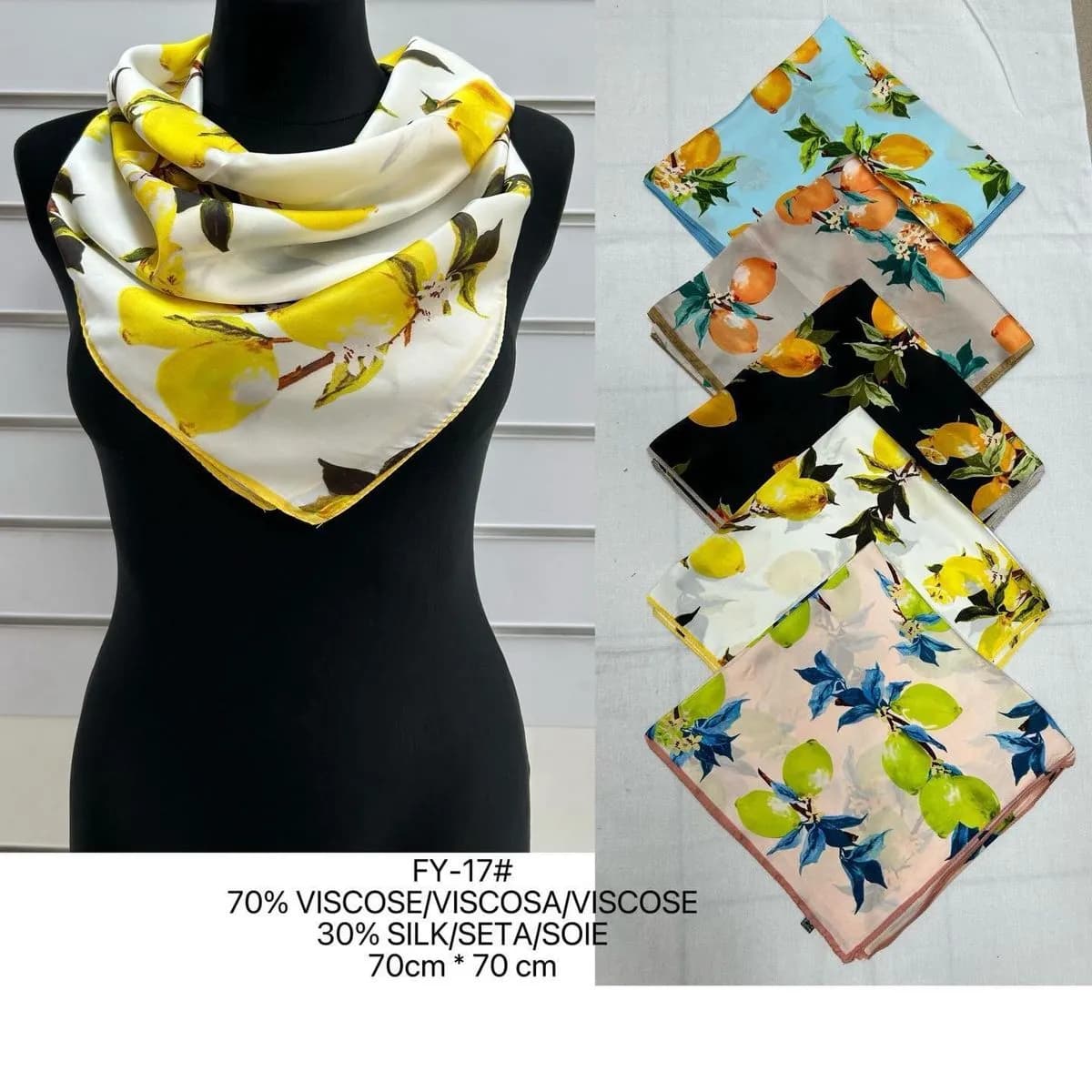 Chusta Damska Wiskoza 70% 70x70cm Żółta z Cytrynami