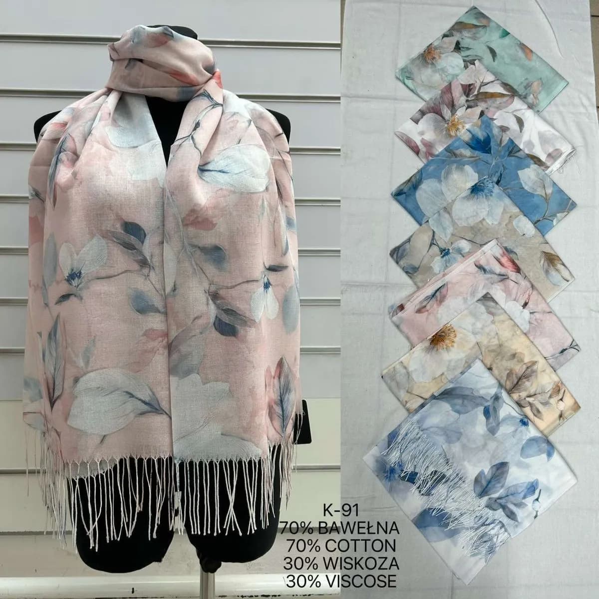 Szaliki damskie kwiatowe 70% bawełna 30% wiskoza