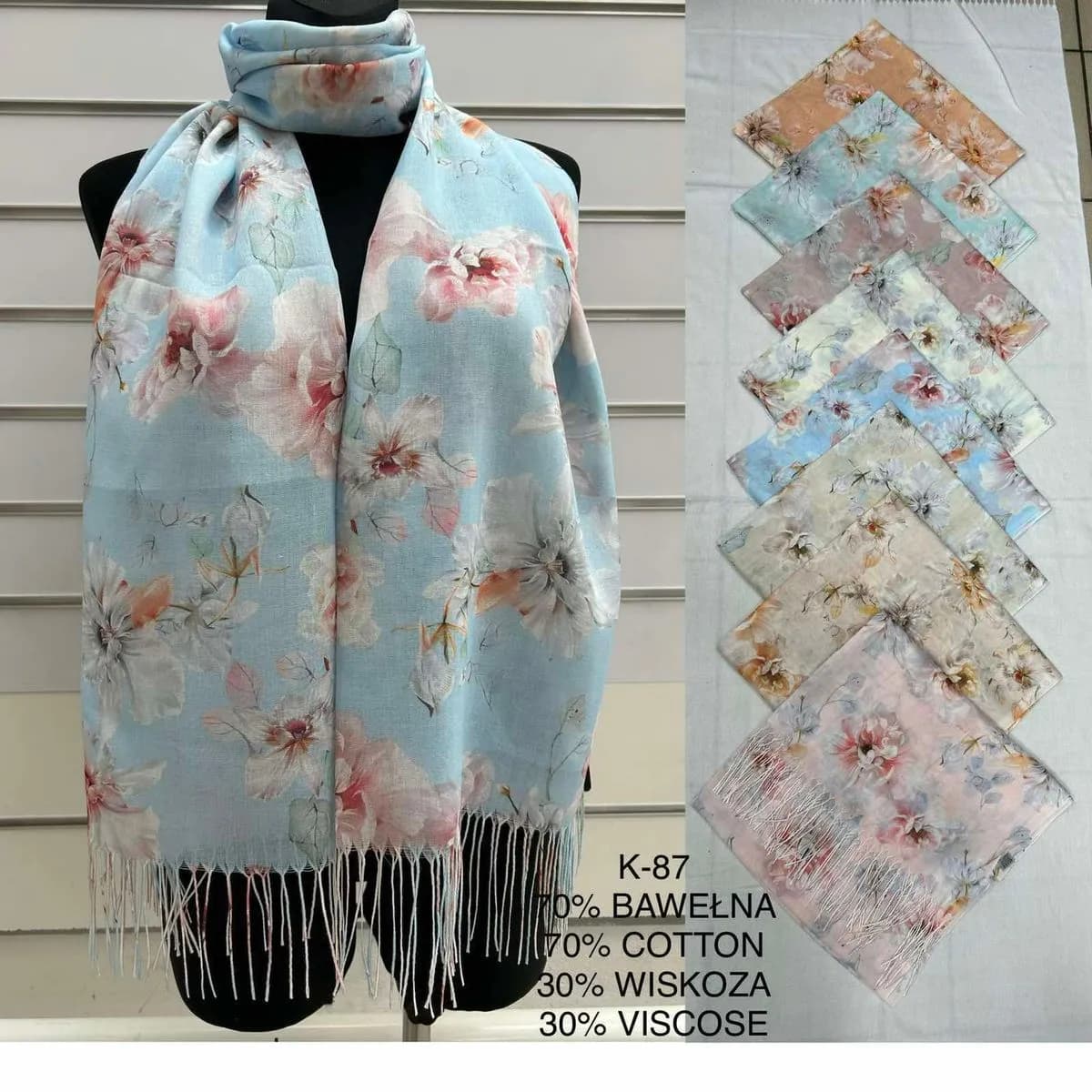 Szaliki damskie kwiatowe 70% bawełna 30% wiskoza K-87