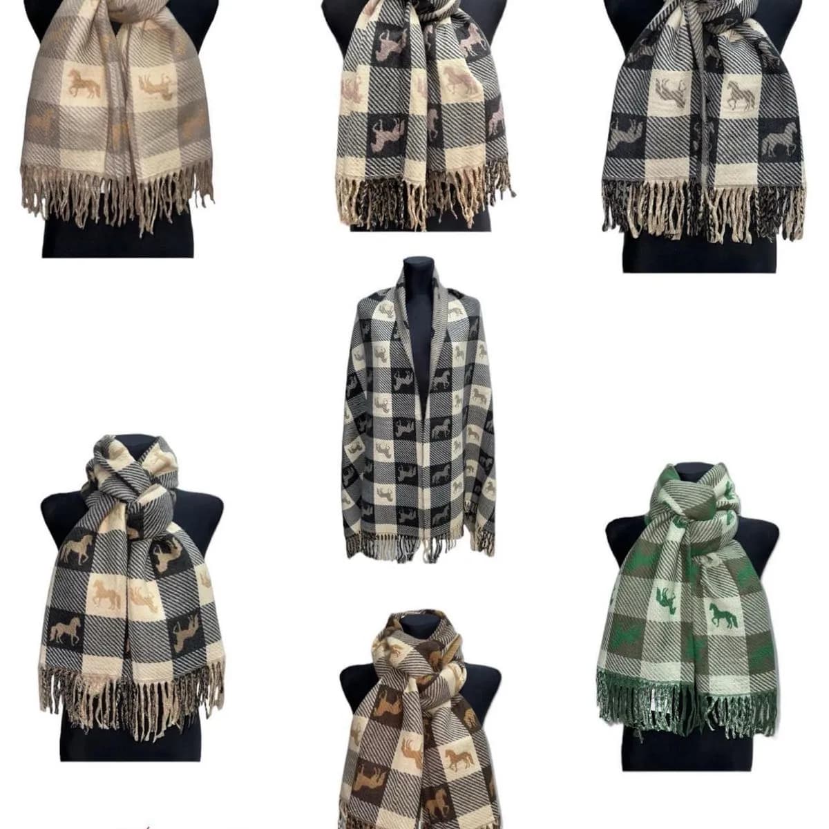 Szalik damski w konie i kratę, wiskoza i bawełna, mix kolorów