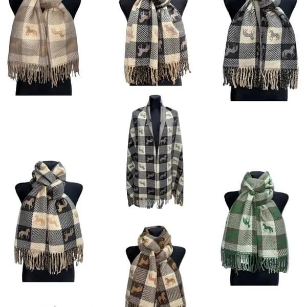 Szalik damski w konie i kratę, wiskoza i bawełna, mix kolorów