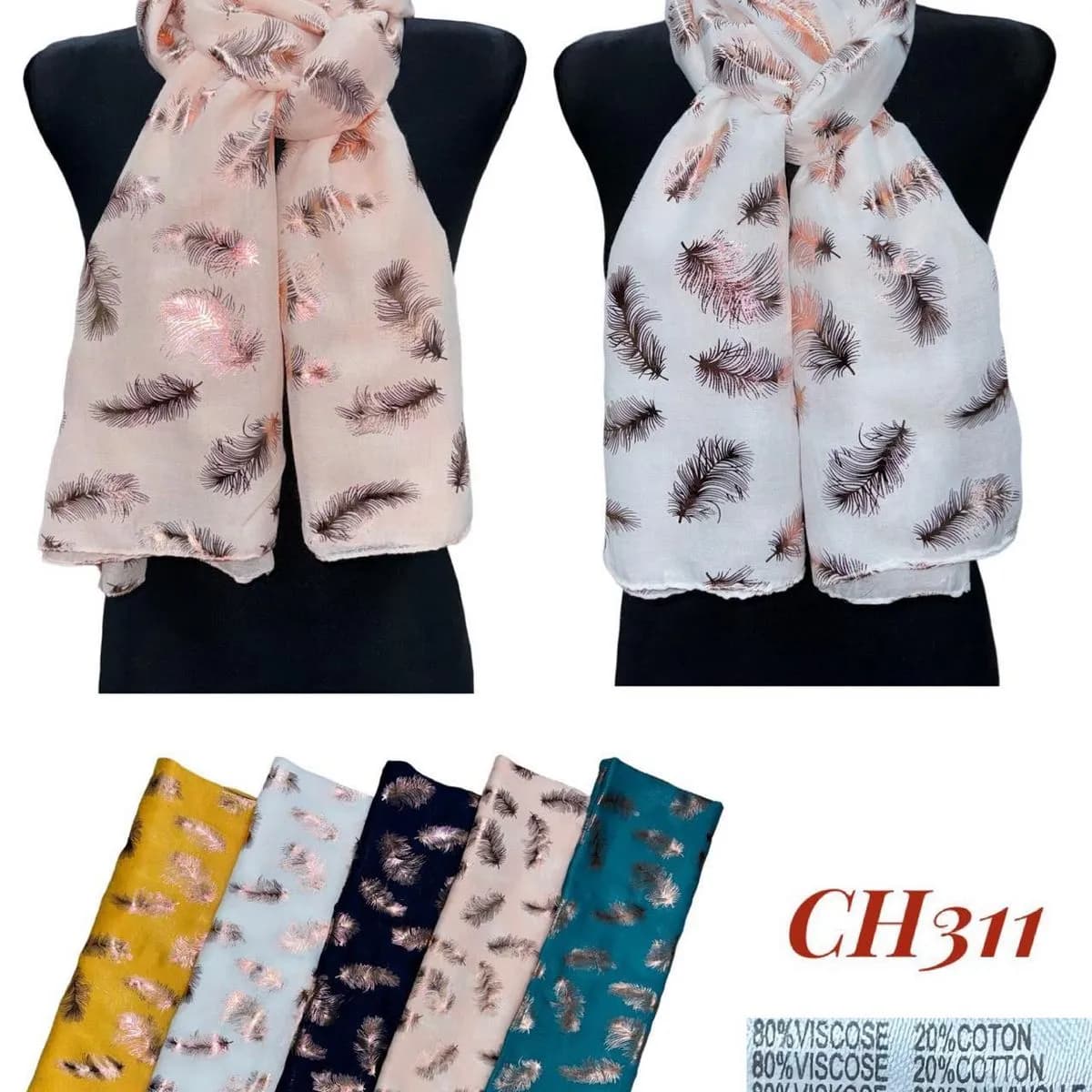 Szalik damski w pióra CH311, wiskoza i bawełna, mix kolorów