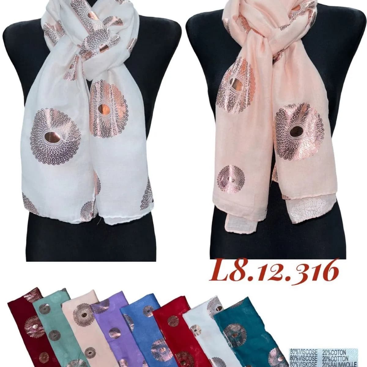 SZALIK DAMSKI wiskoza bawełna metaliczny wzór mandala 12 szt.