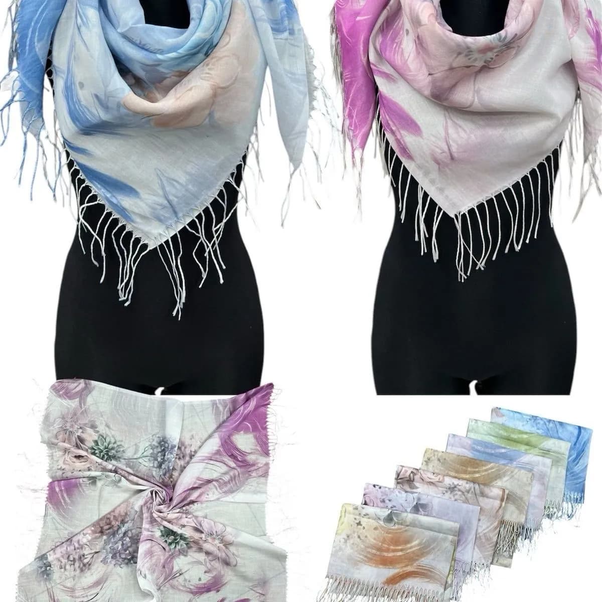 Szalik damski kwadratowy z frędzlami, bawełna i wiskoza, mix wzorów