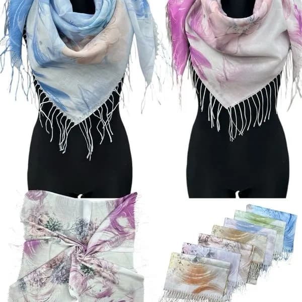 Szalik damski kwadratowy z frędzlami, bawełna i wiskoza, mix wzorów