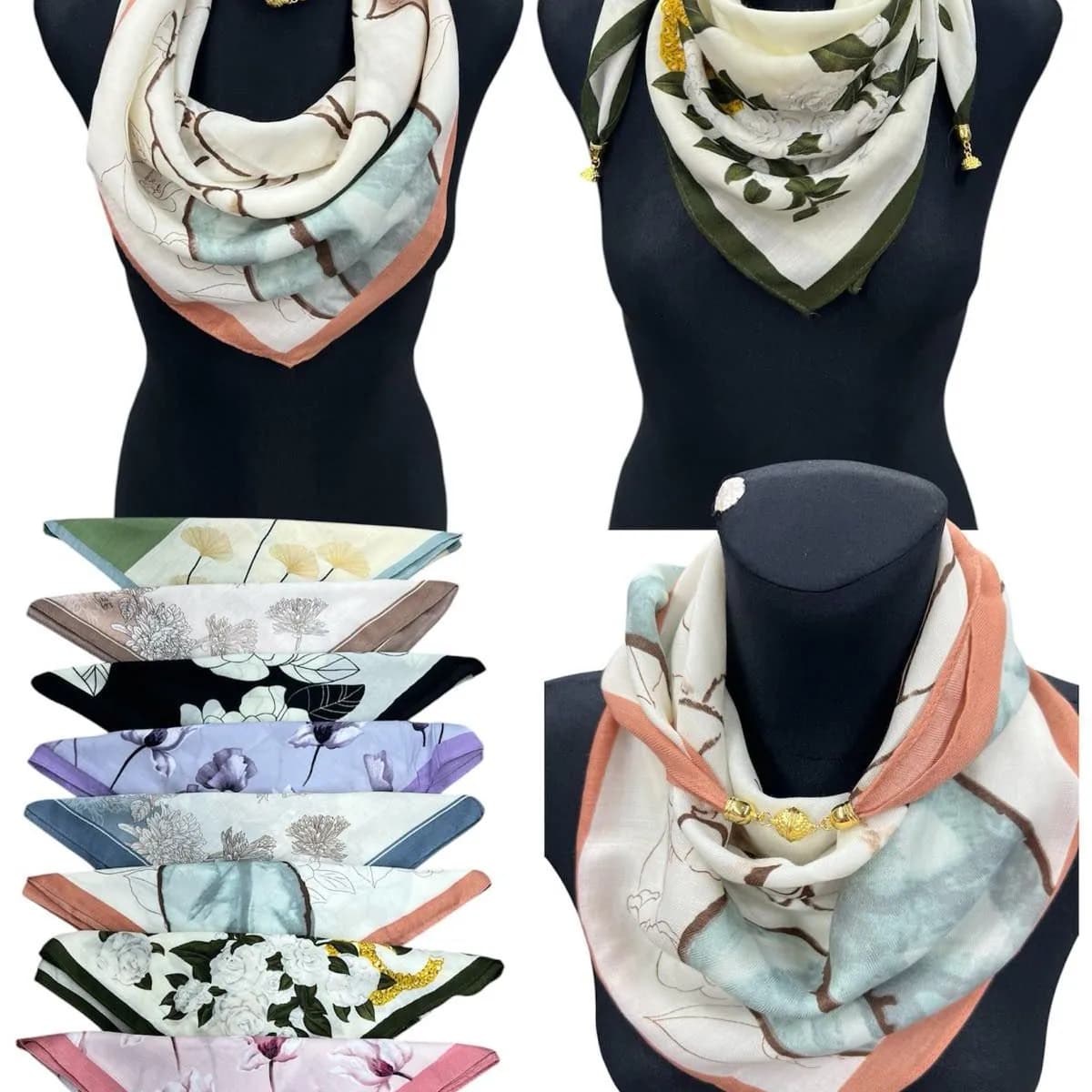 Szalik damski wiskoza, wzory kwiatowe z ozdobną klamrą