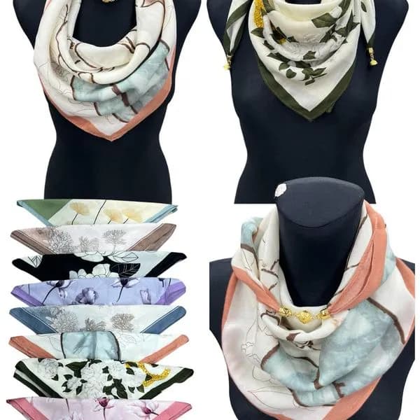 Szalik damski wiskoza, wzory kwiatowe z ozdobną klamrą